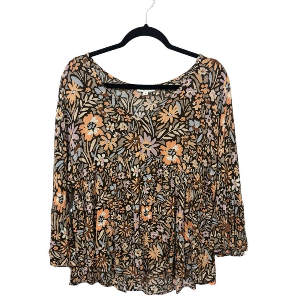ANDREE BY UNIT Brown and Black 3/4 Sleeve Pleated Blouse
